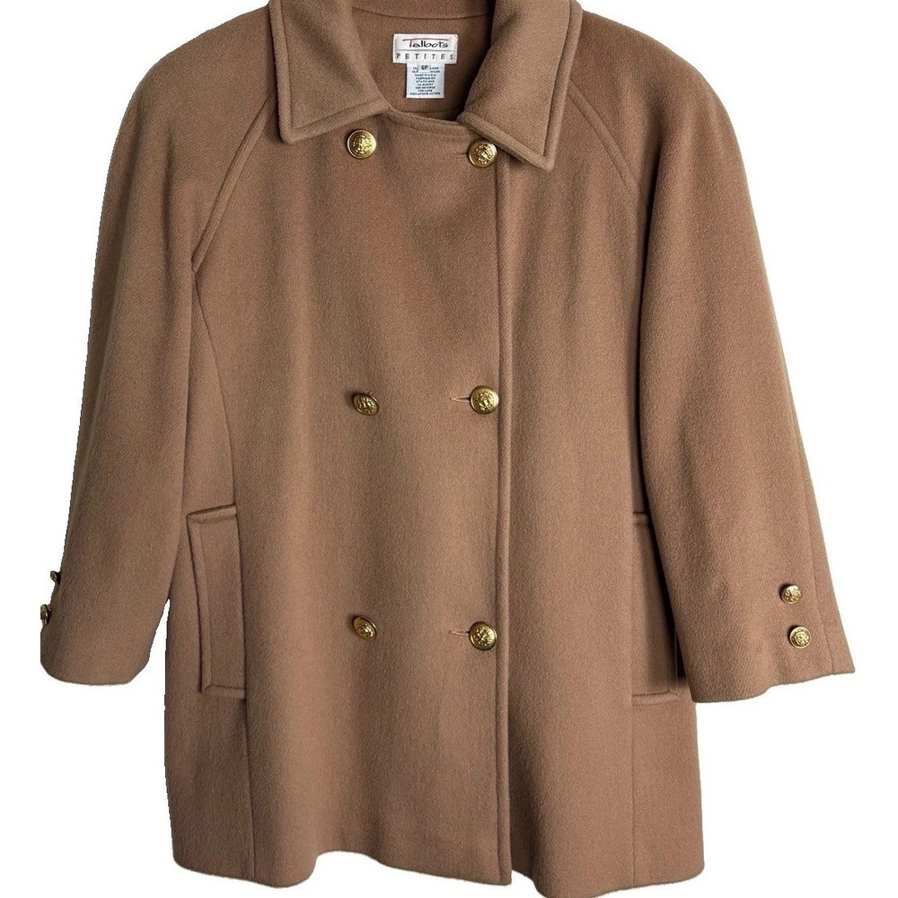 Talbots Wool Blend Peacoat Double Breasted Womens 6P Camel Gold Buttons Classic